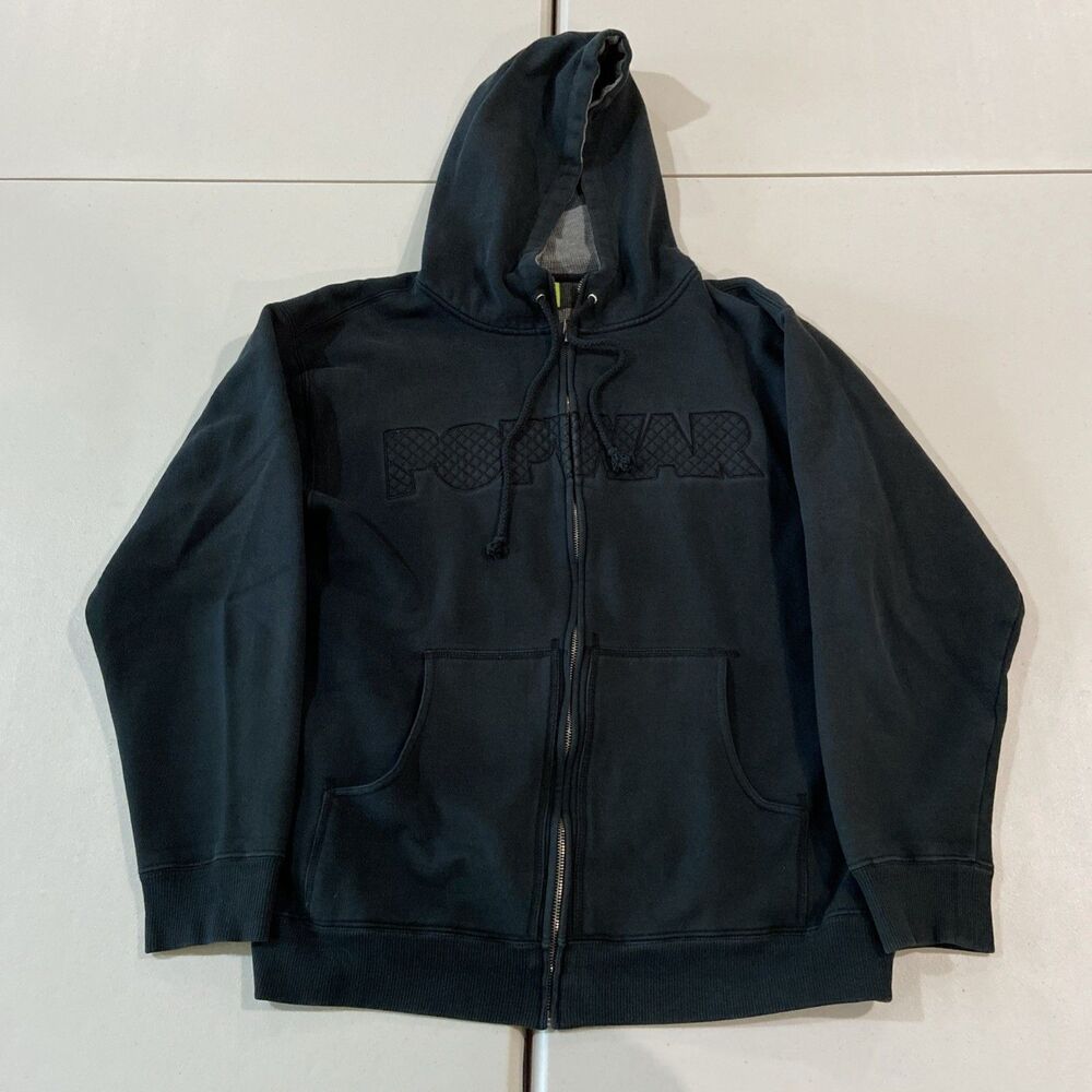 Vintage Popwar - Men's Large Black Embroided Logo Skateboard Zip Up Hoodie
